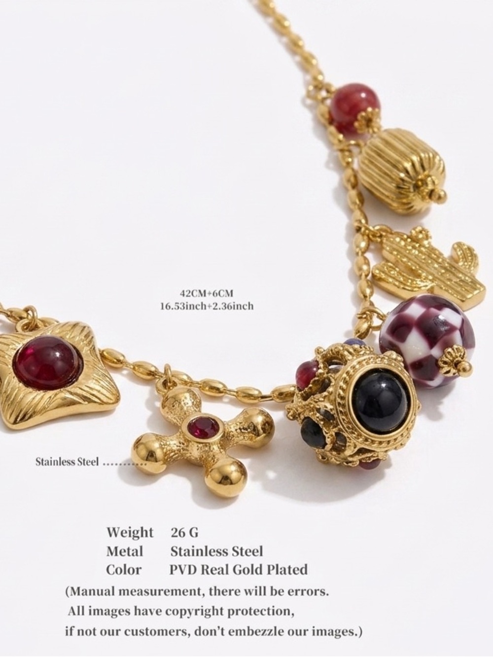 Gold and Ruby Charm Necklace Jewelry- Gold Plated Stainless Steel - Picture 2 of 4